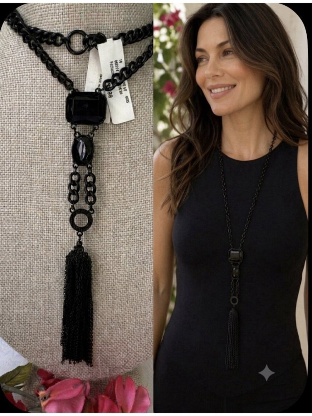 Phosphorus Nordstrom Black Sequin Tassel Charm Longline Chain 41" Necklace NEW